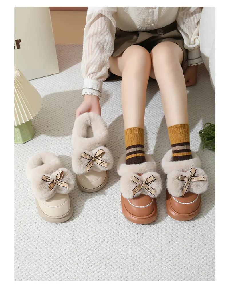 Winter Waterproof Bow Slippers Women Velvet Warm — feature 13