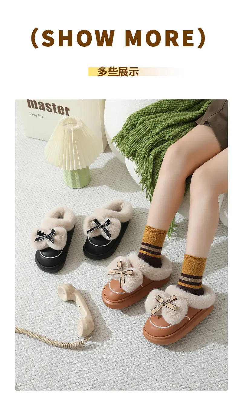 Winter Waterproof Bow Slippers Women Velvet Warm — feature 9