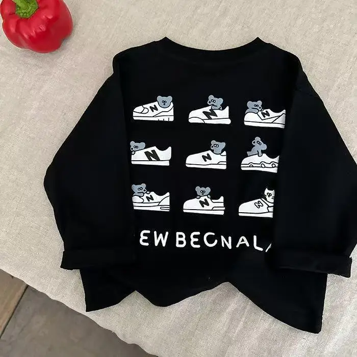 Kids Cartoon Cotton Long Sleeve T-Shirt Black New Style - Image 2