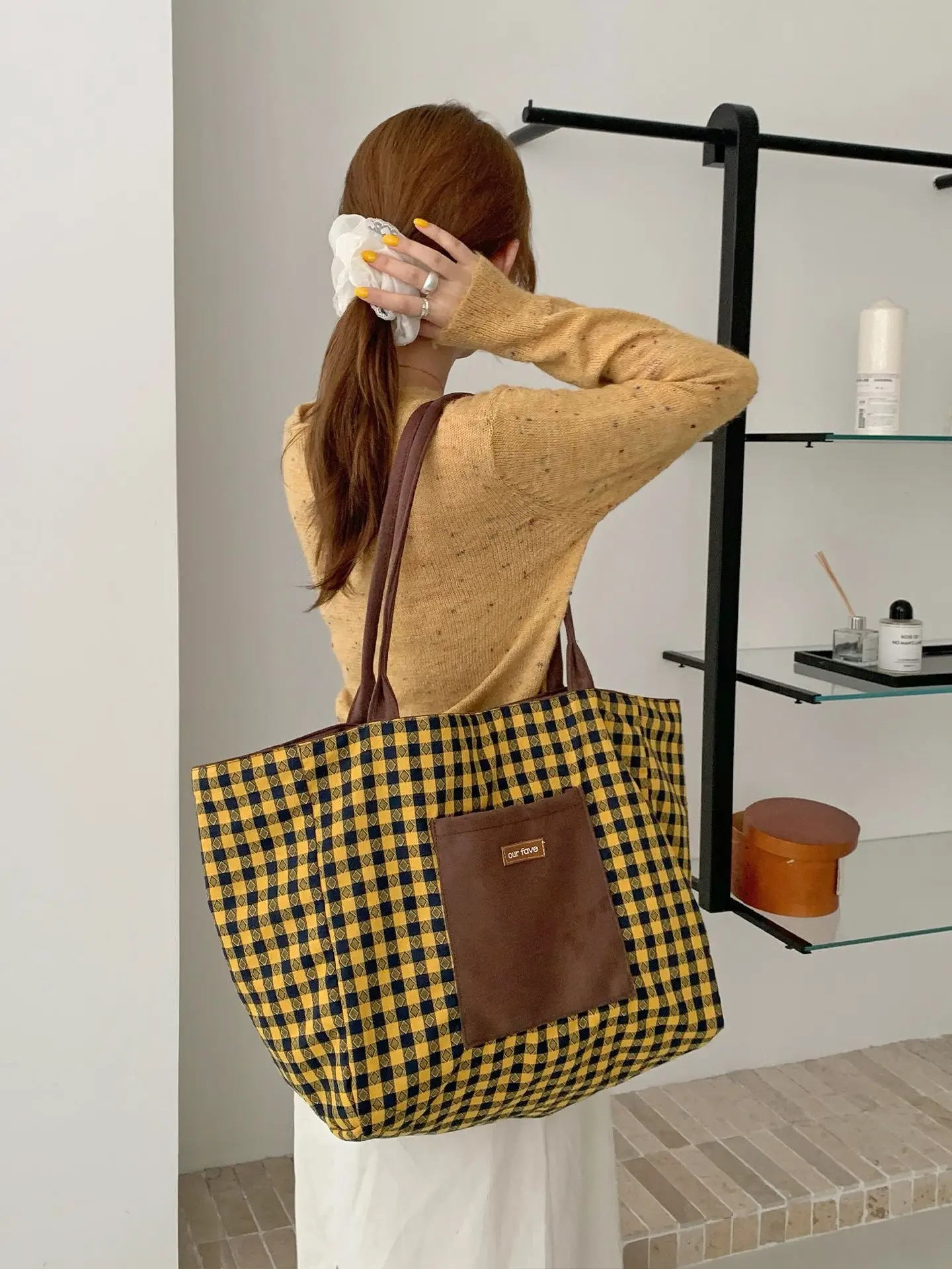 Autumn Winter Suede Double Sided Retro Plaid Bag - Image 5