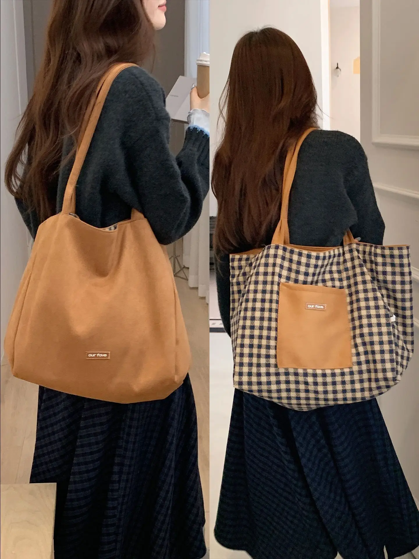 Autumn Winter Suede Double Sided Retro Plaid Bag - Image 2