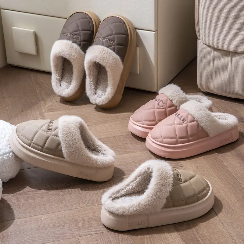 Pink Fleece Lined Slippers for Women Winter Home Use