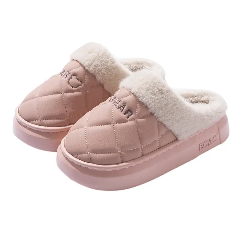 Pink Fleece Lined Slippers for Women Winter Home Use
