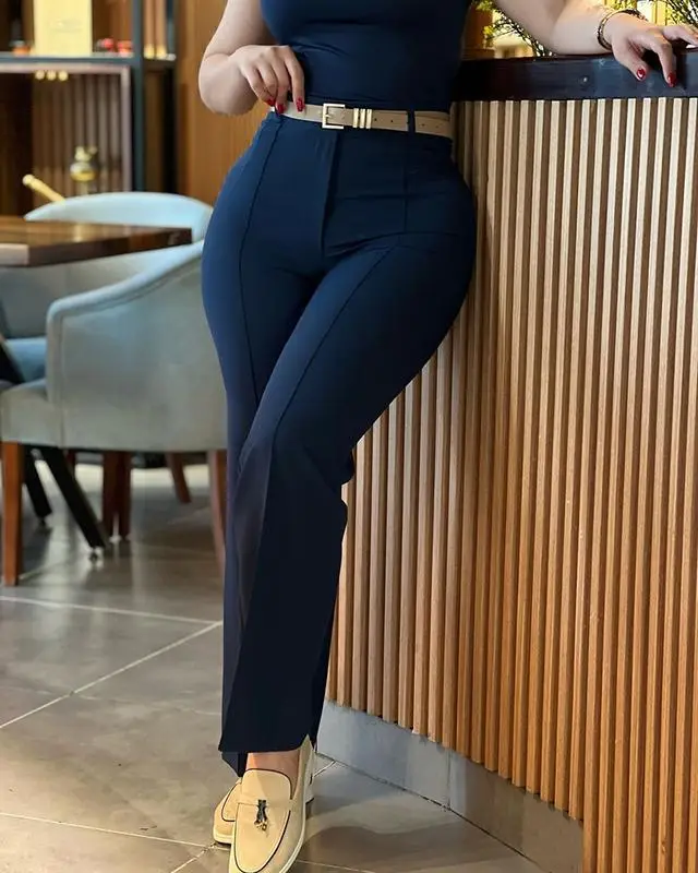 Women Straight Leg Work Pants High Waist White - Image 6