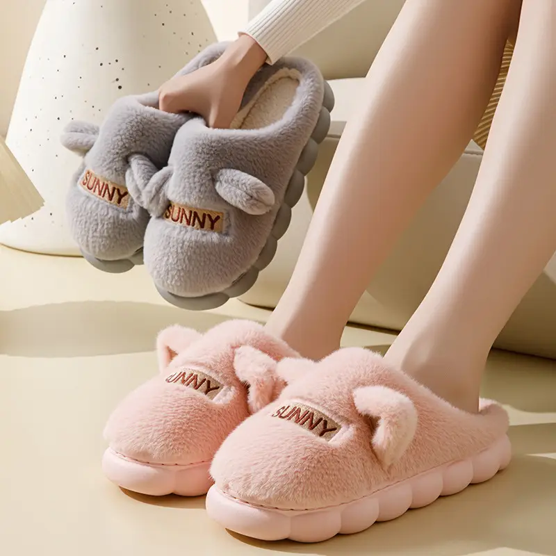 Women's Furry Slippers Winter Warm Grey Non-Slip - Image 6