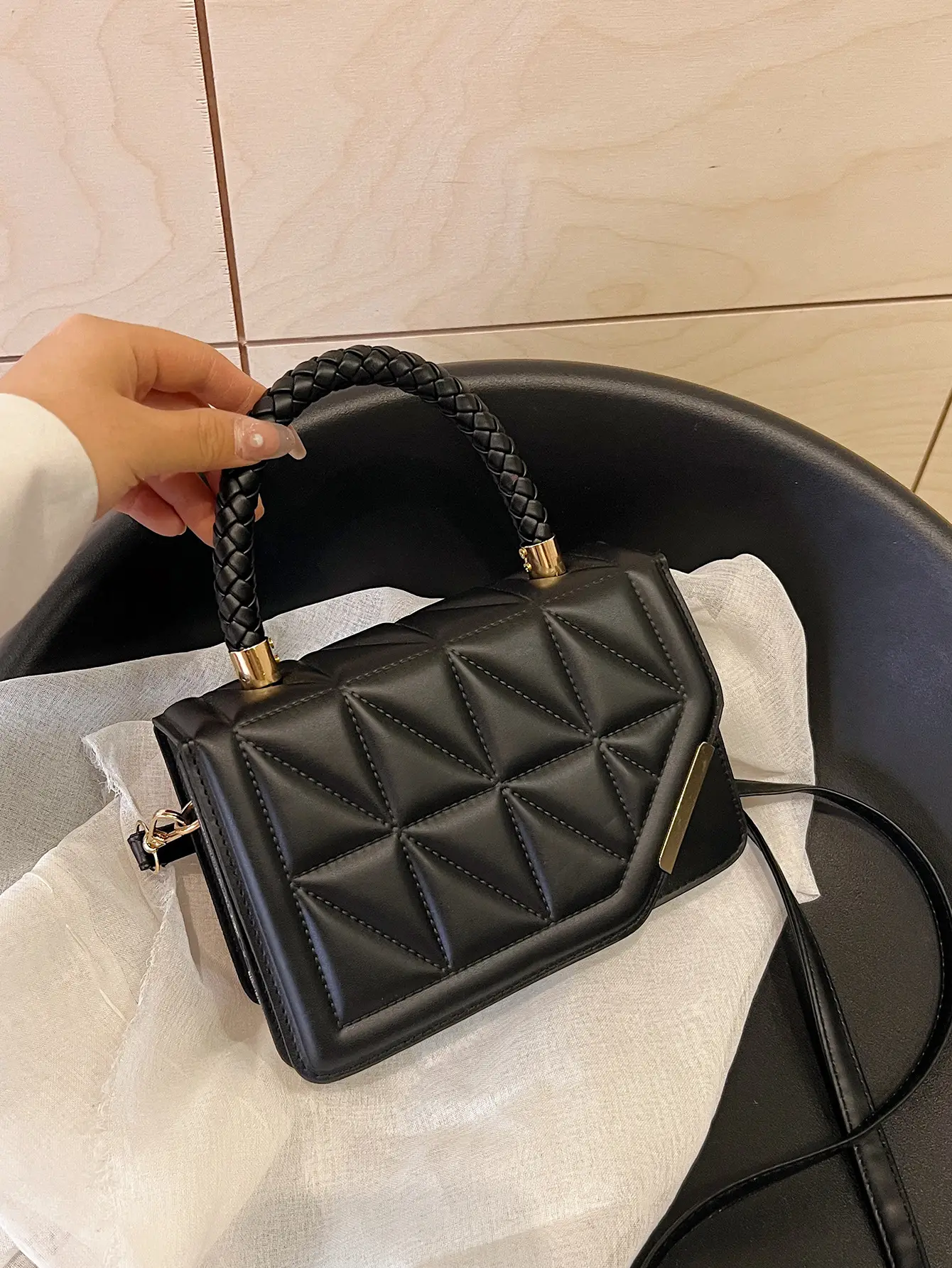 2025 Black Embossed Square Shoulder Bag with Gold Hardware - Image 5