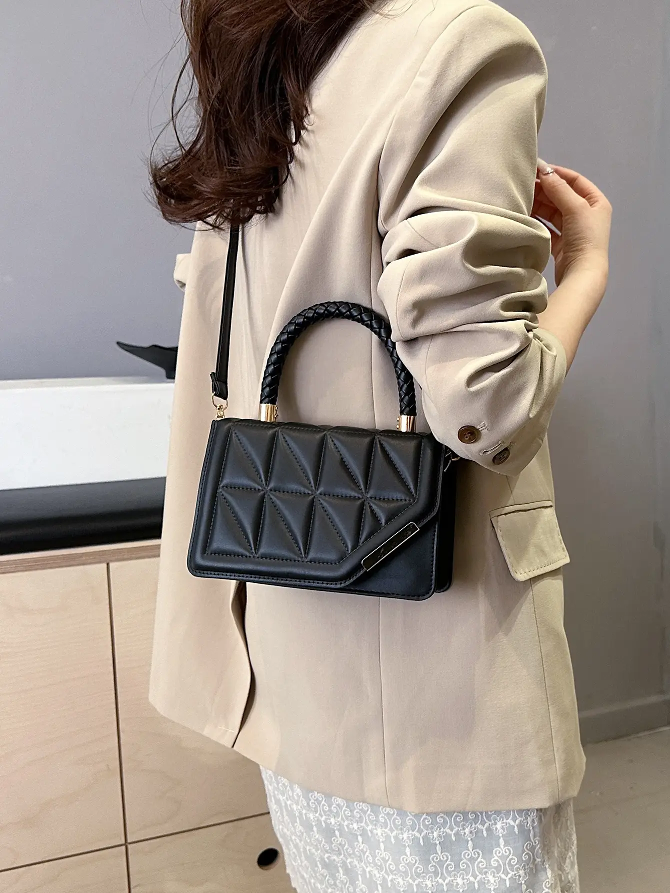 2025 Black Embossed Square Shoulder Bag with Gold Hardware - Image 6