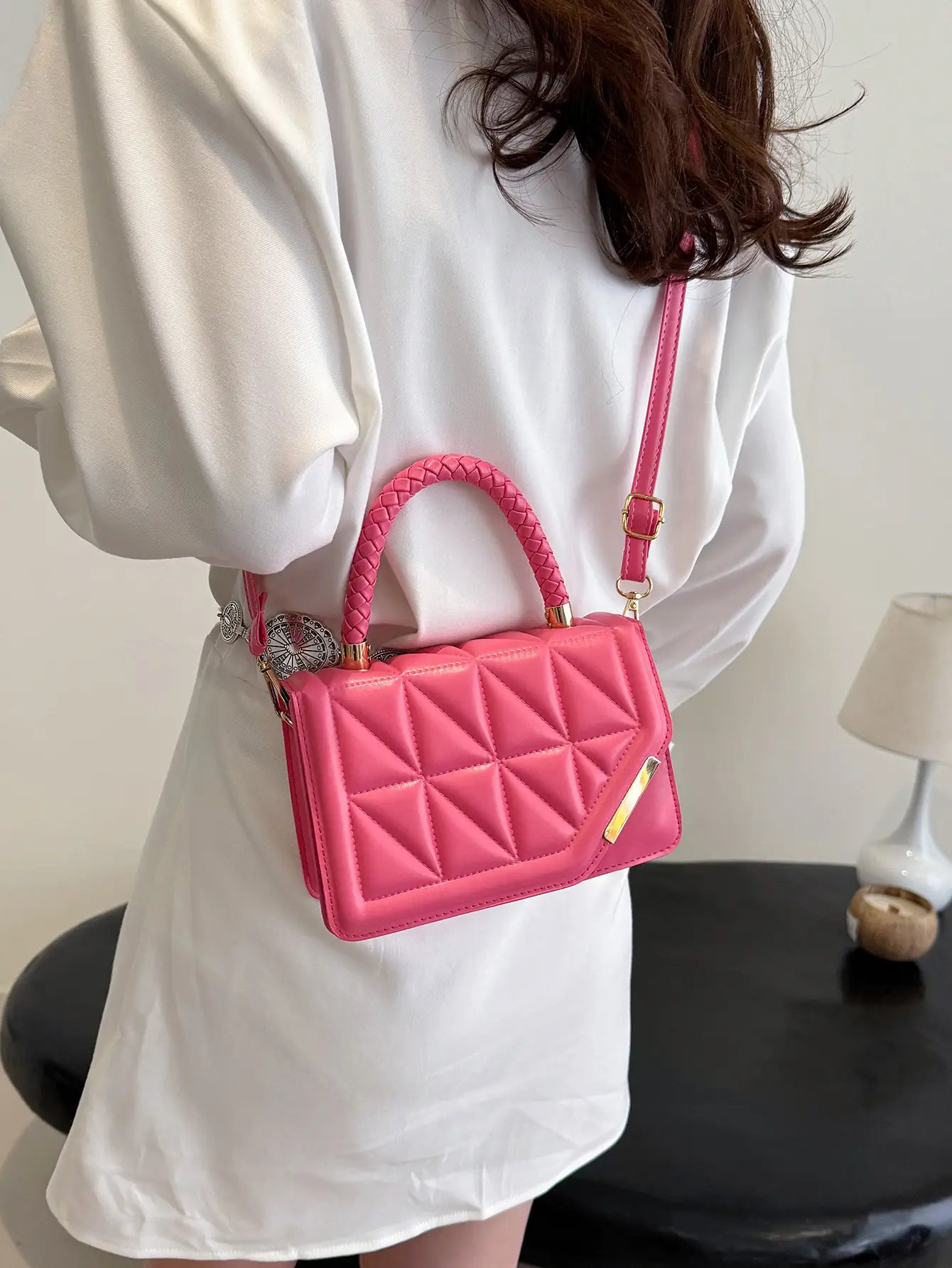 2025 Black Embossed Square Shoulder Bag with Gold Hardware - Image 7
