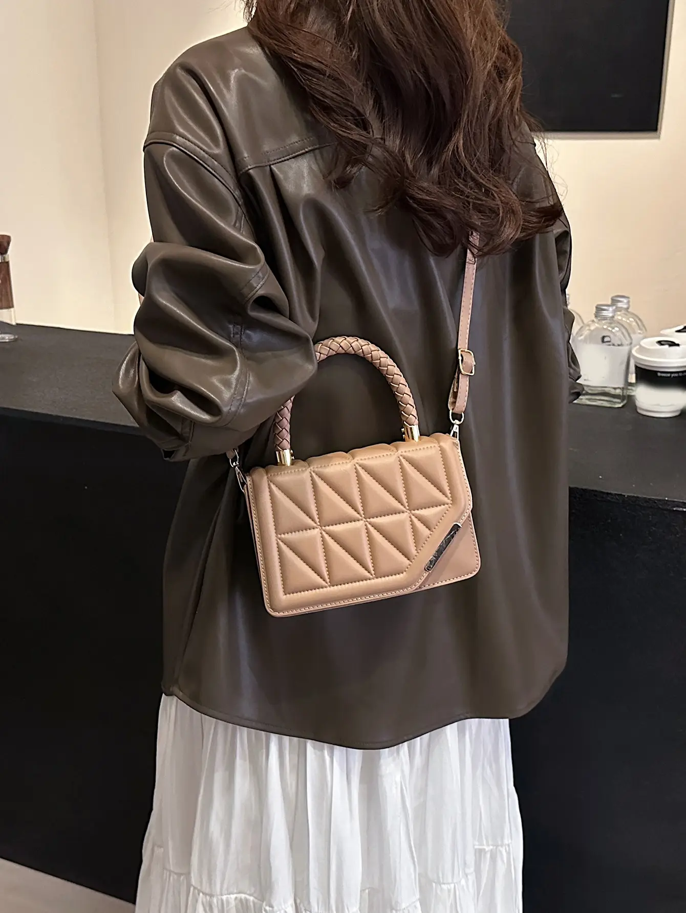 2025 Black Embossed Square Shoulder Bag with Gold Hardware - Image 8