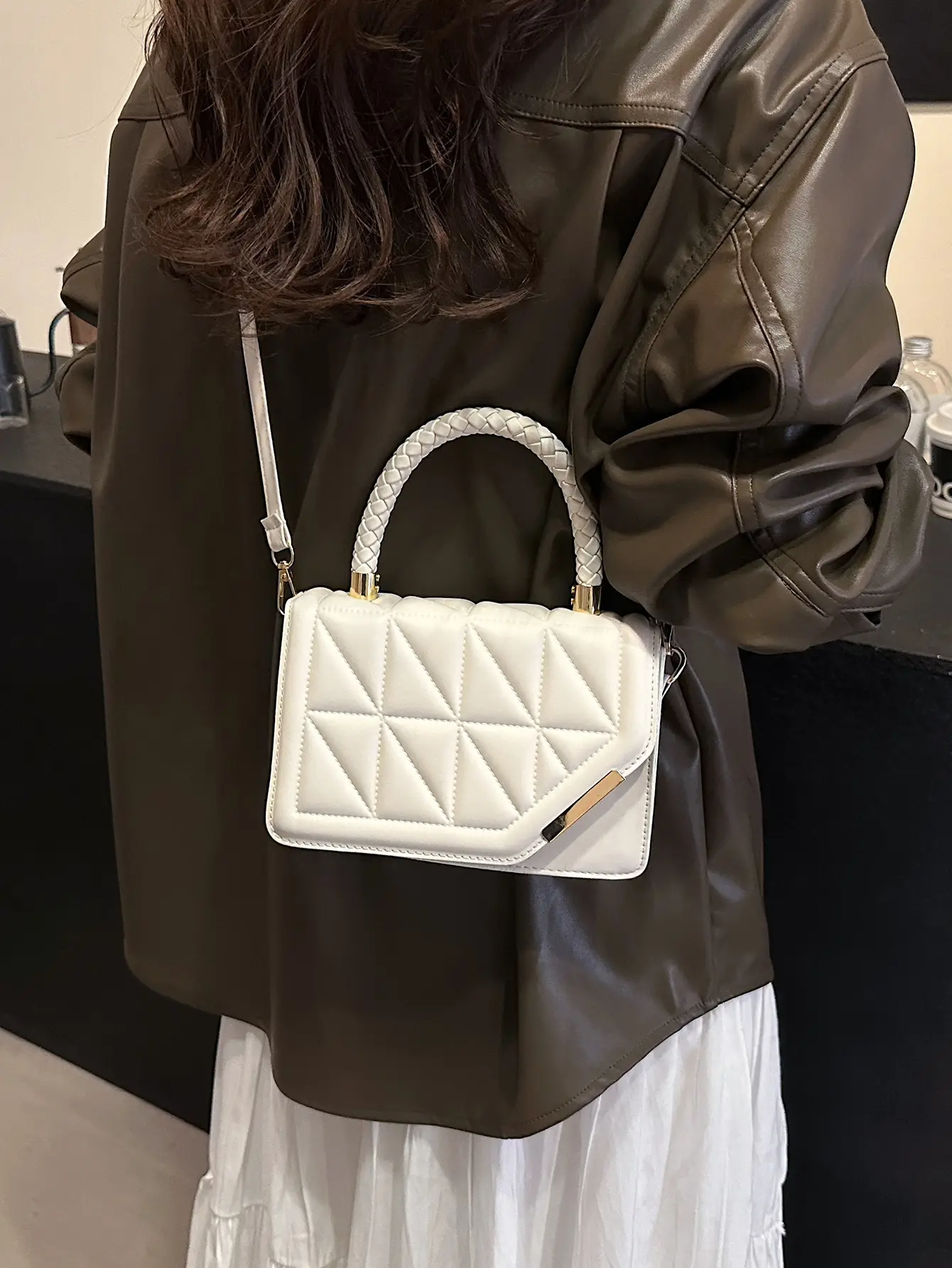 2025 Black Embossed Square Shoulder Bag with Gold Hardware - Image 9