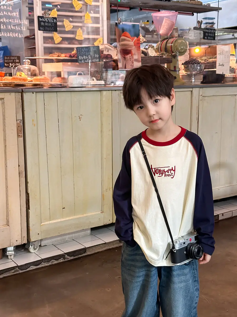 Boys Cotton Raglan T-Shirt with Embroidered Letters Top Stitching - Image 3