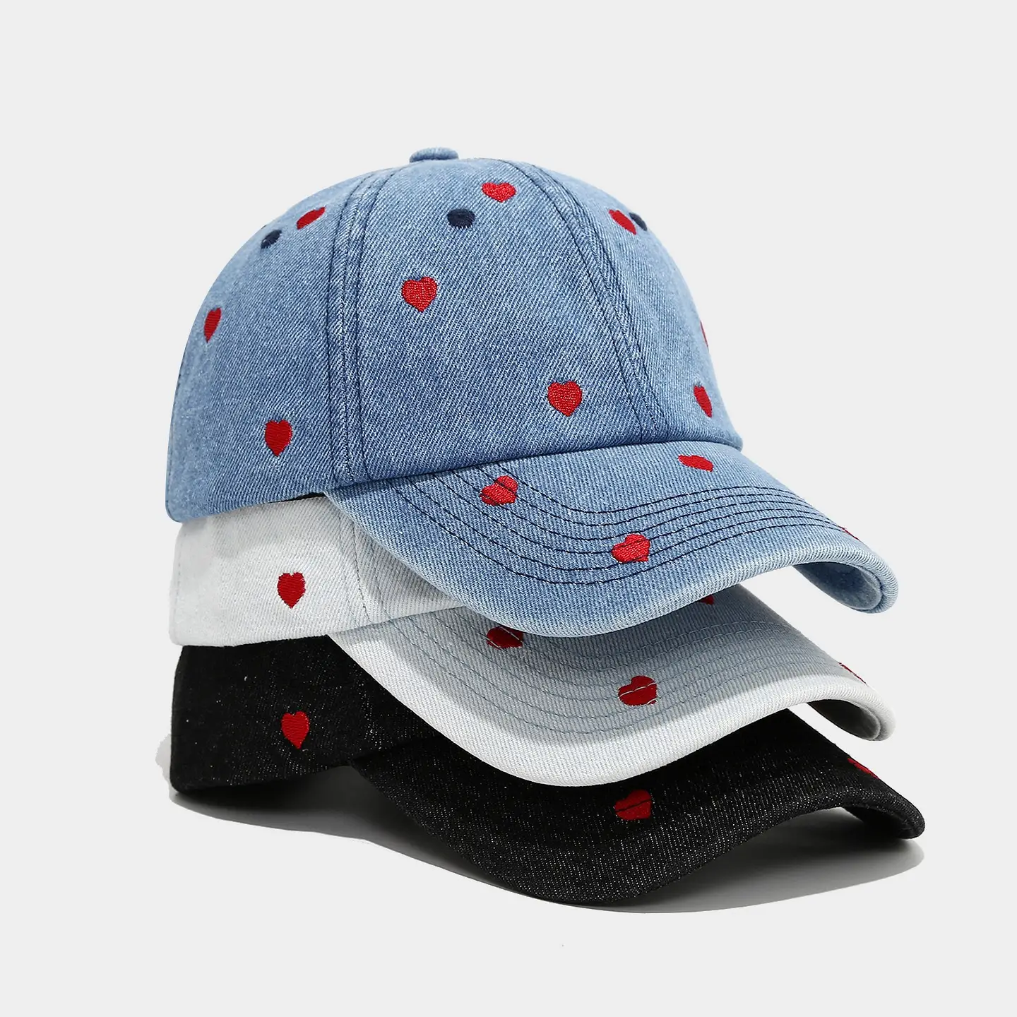 Women Heart Embroidered Denim Baseball Cap Blue - Image 5