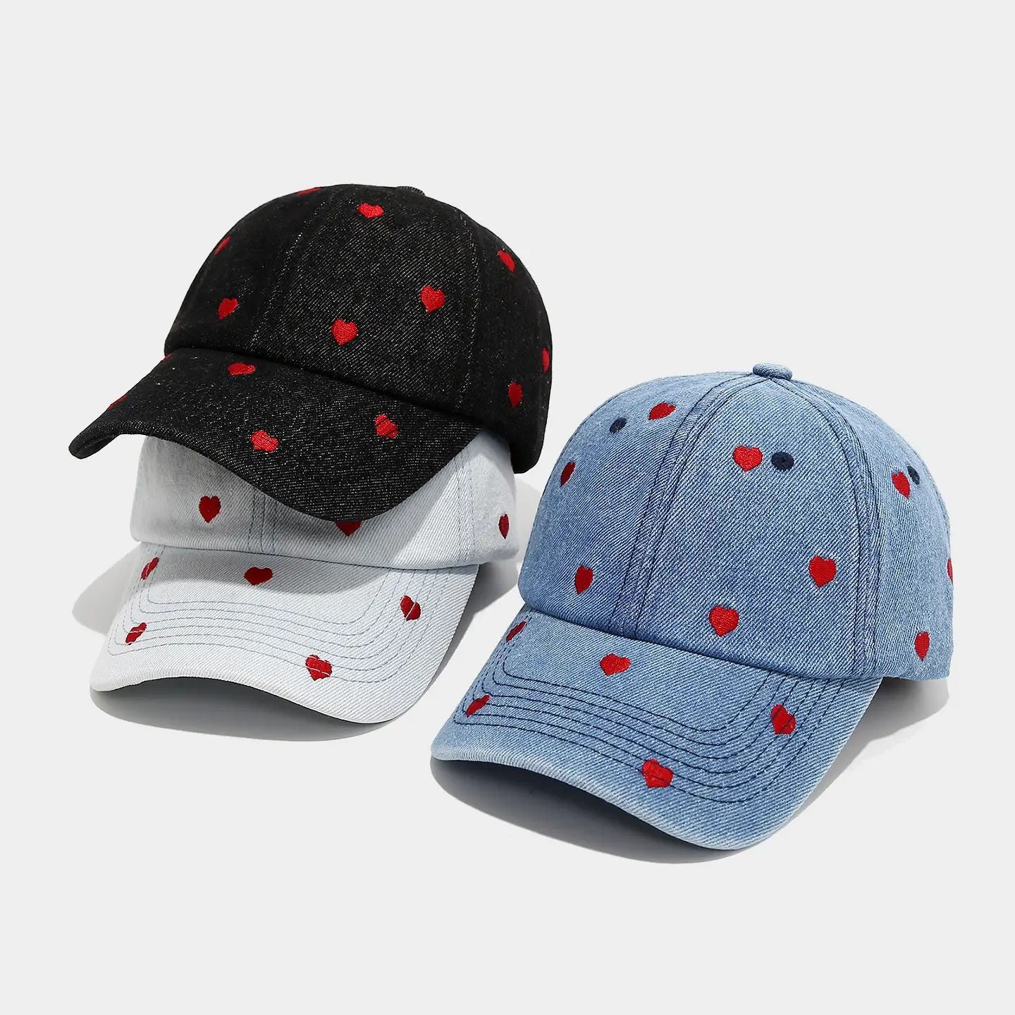 Women Heart Embroidered Denim Baseball Cap Blue - Image 7