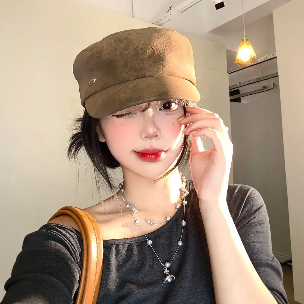 Women Retro Suede Peaked Cap Autumn Winter British Fashion - Image 5