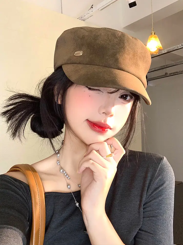 Women Retro Suede Peaked Cap Autumn Winter British Fashion - Image 2