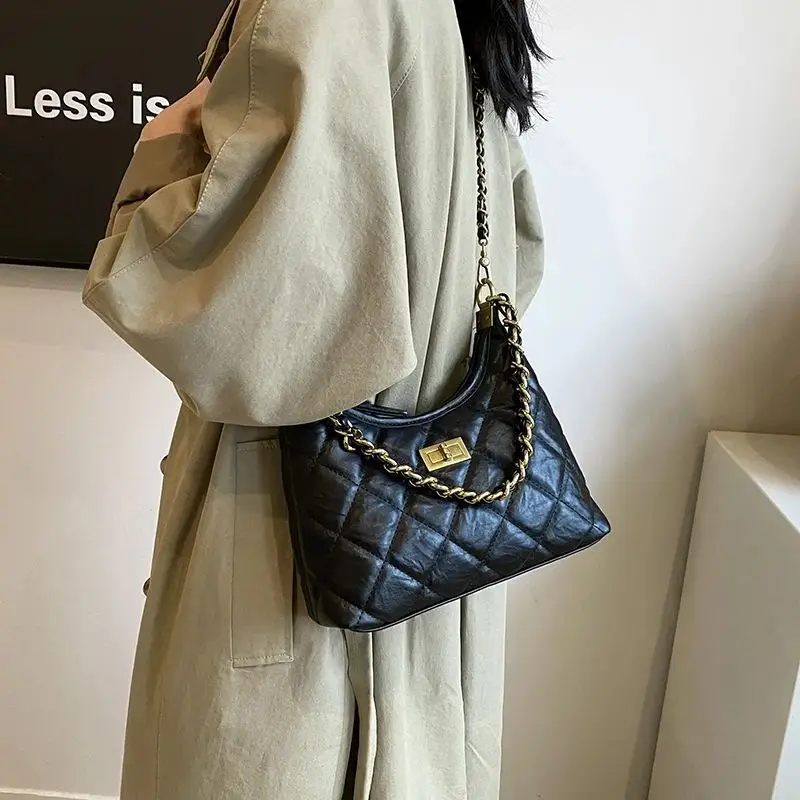 Black Quilted Shoulder Bag with Gold Chain for Women - Image 4