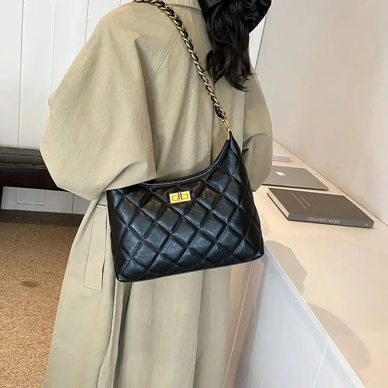 Black Quilted Shoulder Bag with Gold Chain for Women - Image 5