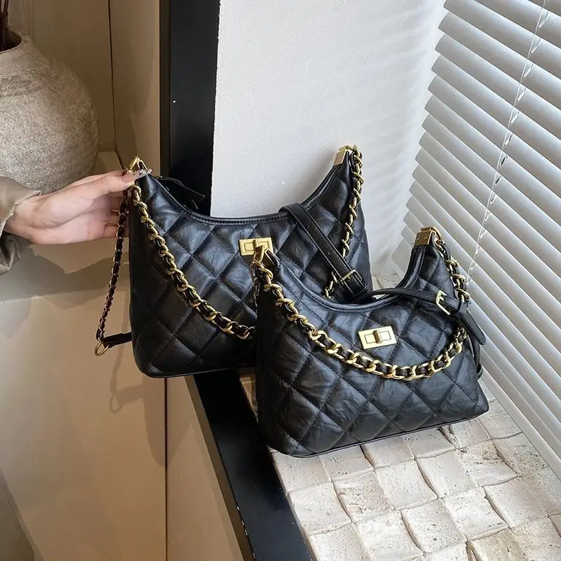 Black Quilted Shoulder Bag with Gold Chain for Women - Image 7