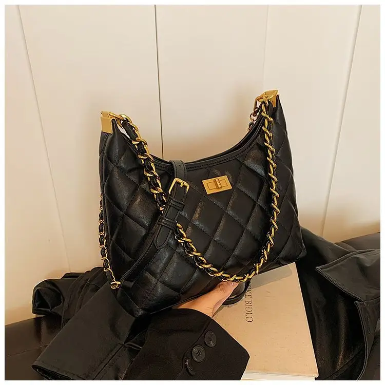 Black Quilted Shoulder Bag with Gold Chain for Women — feature 18