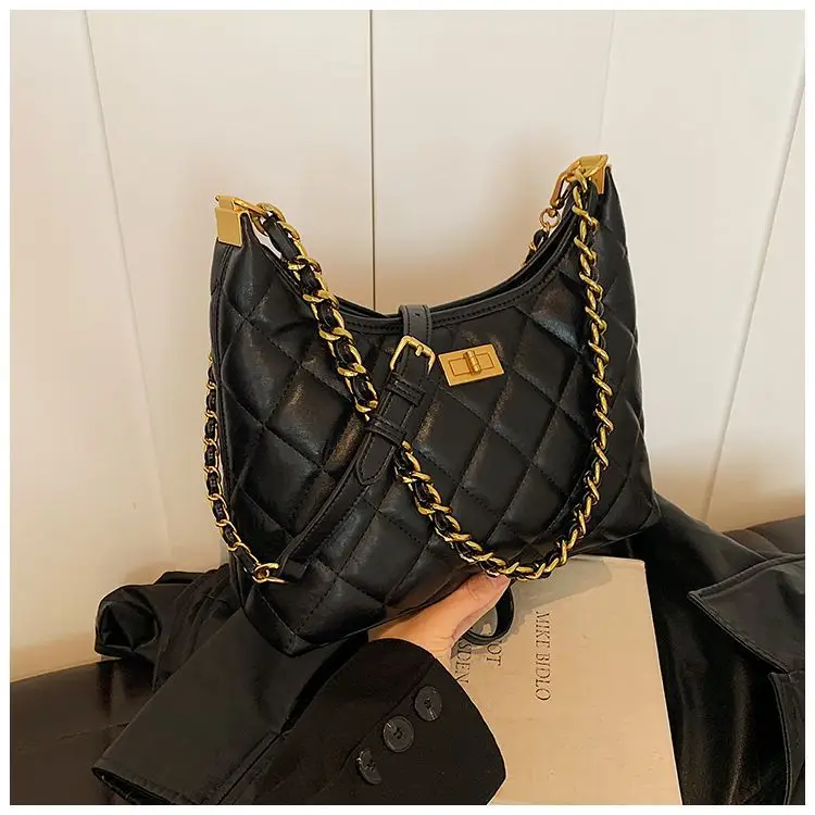 Black Quilted Shoulder Bag with Gold Chain for Women — feature 19