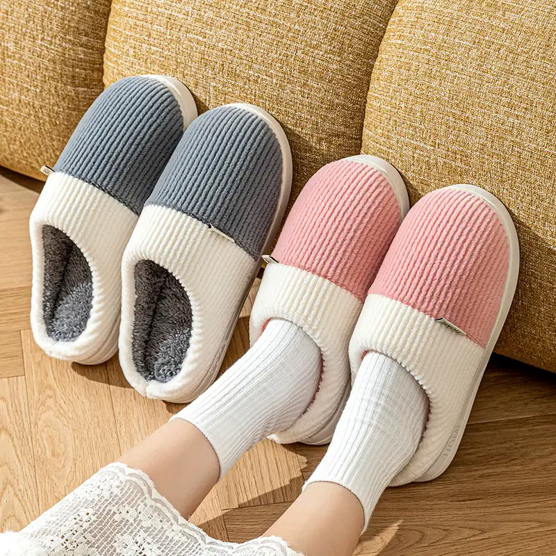 Double-Layered Plush Cotton Slippers for Women, Autumn and Winter Indoor Home Use, Warm and Thick-Soled, Couple's Wedding Slippers for Men