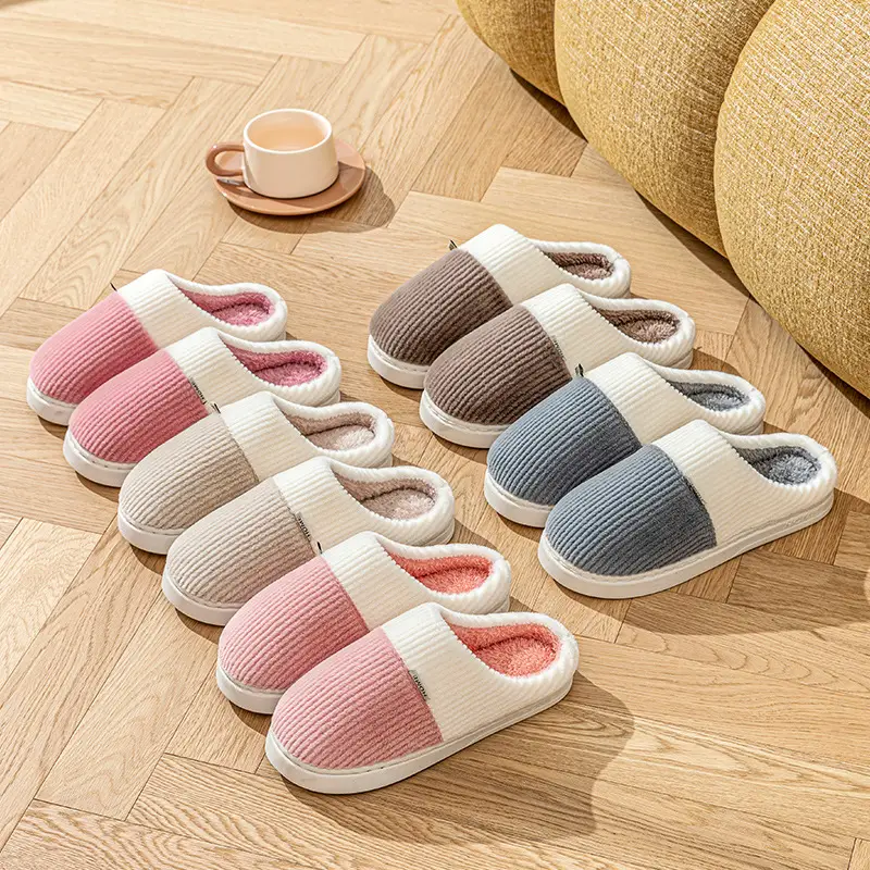 Double-Layered Plush Cotton Slippers for Women, Autumn and Winter Indoor Home Use, Warm and Thick-Soled, Couple's Wedding Slippers for Men