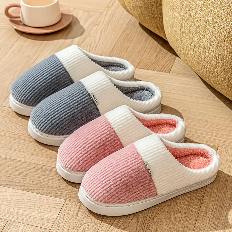 Double-Layered Plush Cotton Slippers for Women, Autumn and Winter Indoor Home Use, Warm and Thick-Soled, Couple's Wedding Slippers for Men
