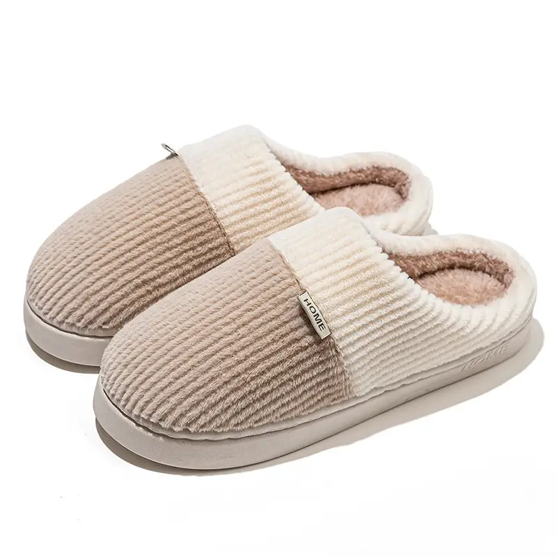 Double-Layered Plush Cotton Slippers for Women, Autumn and Winter Indoor Home Use, Warm and Thick-Soled, Couple's Wedding Slippers for Men