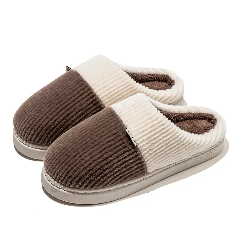 Double-Layered Plush Cotton Slippers for Women, Autumn and Winter Indoor Home Use, Warm and Thick-Soled, Couple's Wedding Slippers for Men