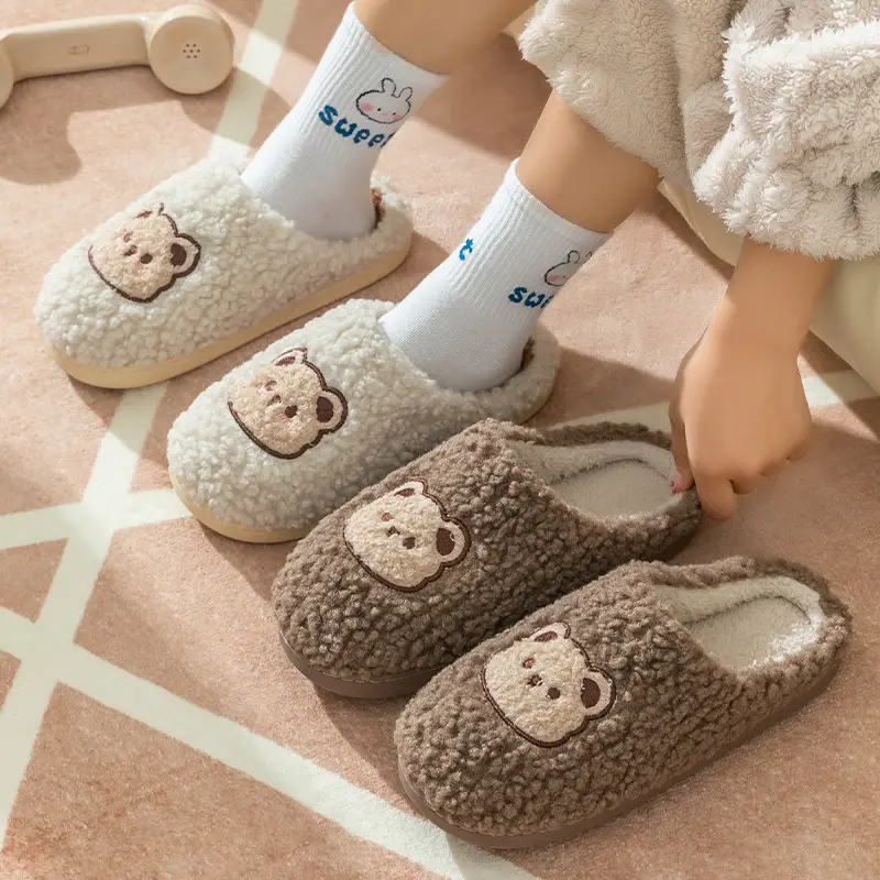 Jialiya Cute Bear Thick-Soled Cotton Slippers for Women Winter 2025 New Indoor Home Plus Velvet Couple Cotton Slippers for Men - Image 7