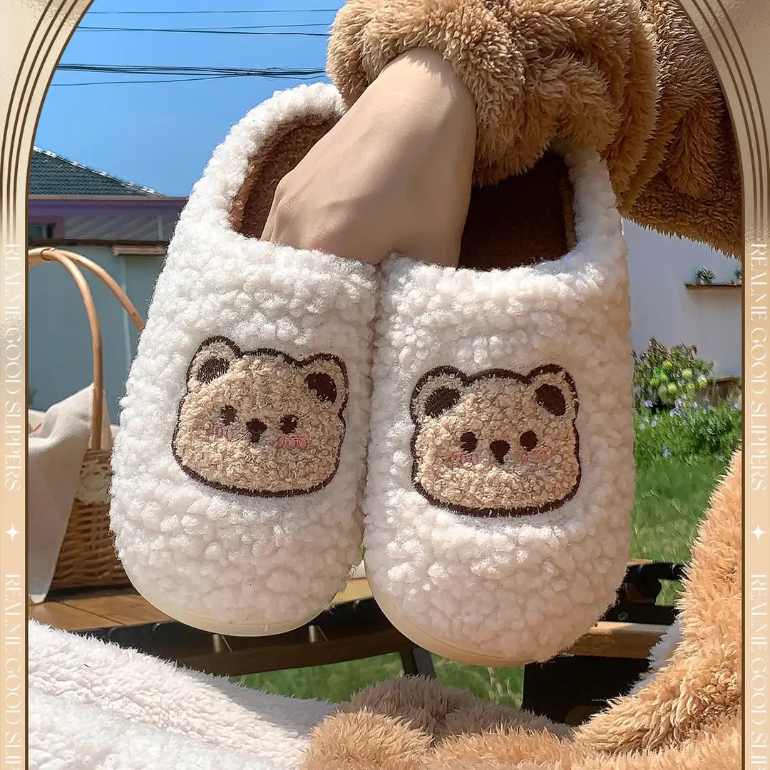Jialiya Cute Bear Thick-Soled Cotton Slippers for Women Winter 2025 New Indoor Home Plus Velvet Couple Cotton Slippers for Men — feature 3