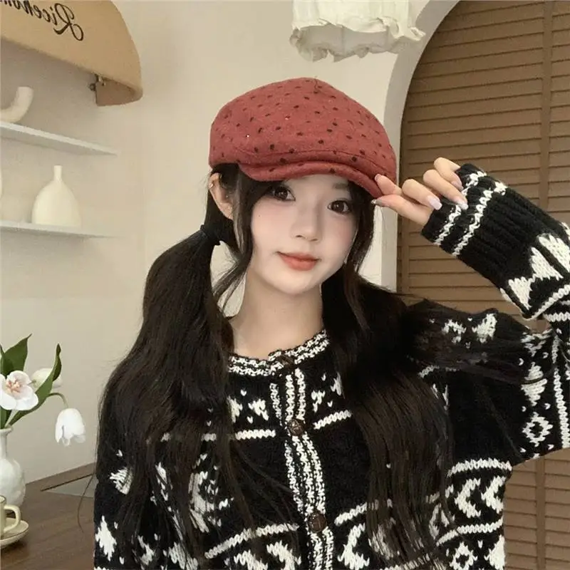 Women Polka Dot Duckbill Caps Autumn Winter Sunshade