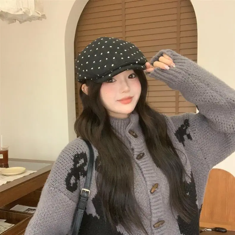 Women Polka Dot Duckbill Caps Autumn Winter Sunshade — feature 12