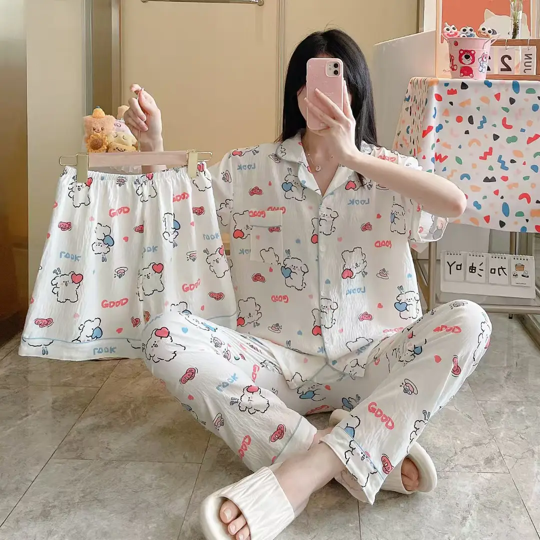 New Pleated Cloud Cotton Pajamas Girls Three-Piece Spring and Summer Printed Lapel Cute Home Clothes Set Cartoon