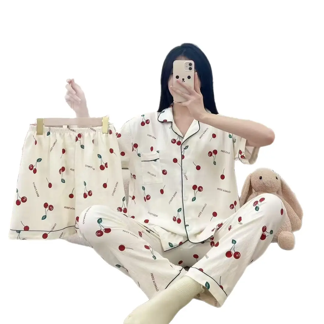New Pleated Cloud Cotton Pajamas Girls Three-Piece Spring and Summer Printed Lapel Cute Home Clothes Set Cartoon