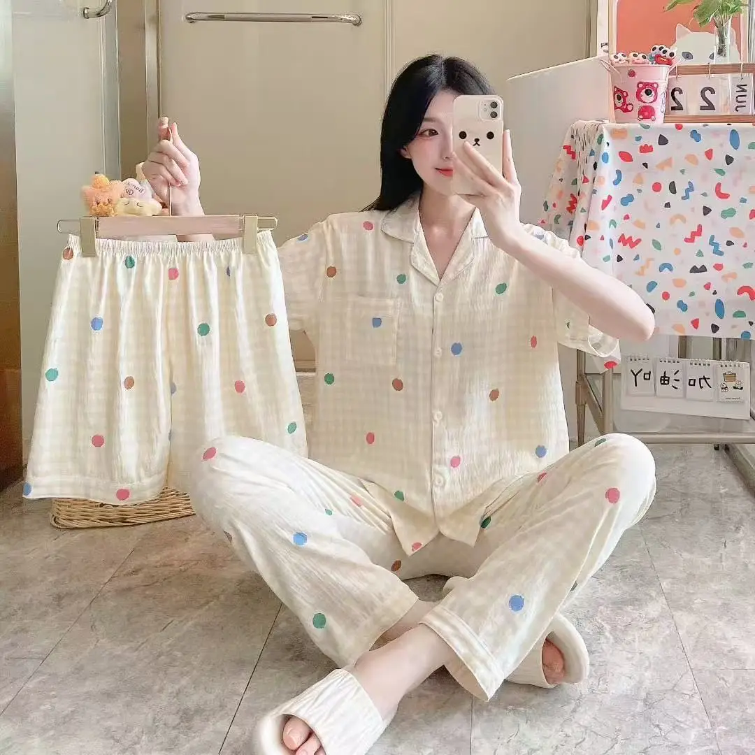 New Pleated Cloud Cotton Pajamas Girls Three-Piece Spring and Summer Printed Lapel Cute Home Clothes Set Cartoon