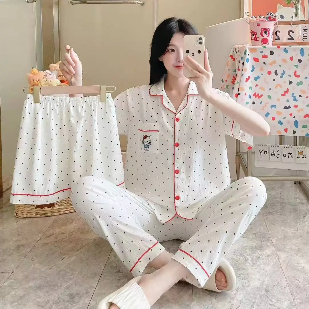 New Pleated Cloud Cotton Pajamas Girls Three-Piece Spring and Summer Printed Lapel Cute Home Clothes Set Cartoon