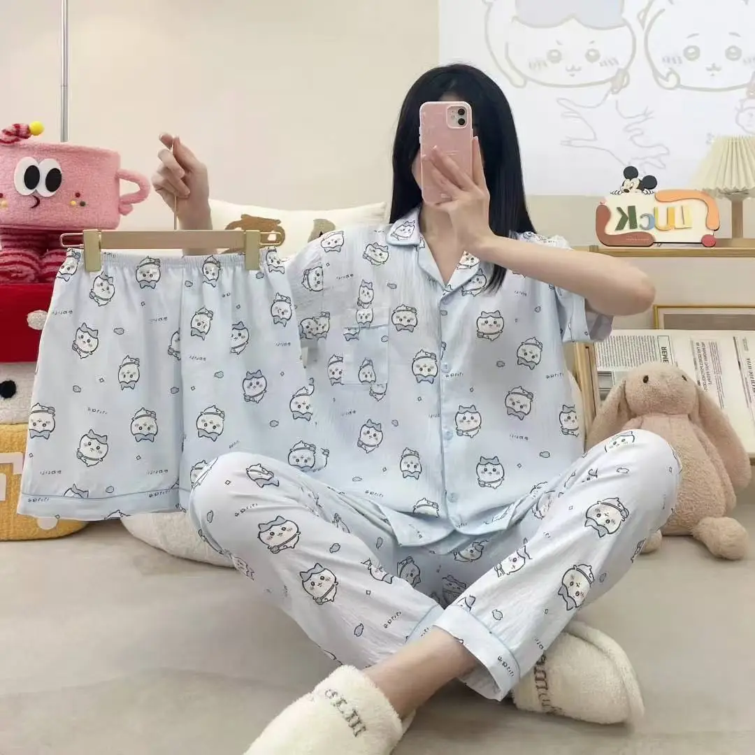 New Pleated Cloud Cotton Pajamas Girls Three-Piece Spring and Summer Printed Lapel Cute Home Clothes Set Cartoon