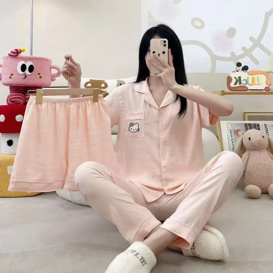 New Pleated Cloud Cotton Pajamas Girls Three-Piece Spring and Summer Printed Lapel Cute Home Clothes Set Cartoon