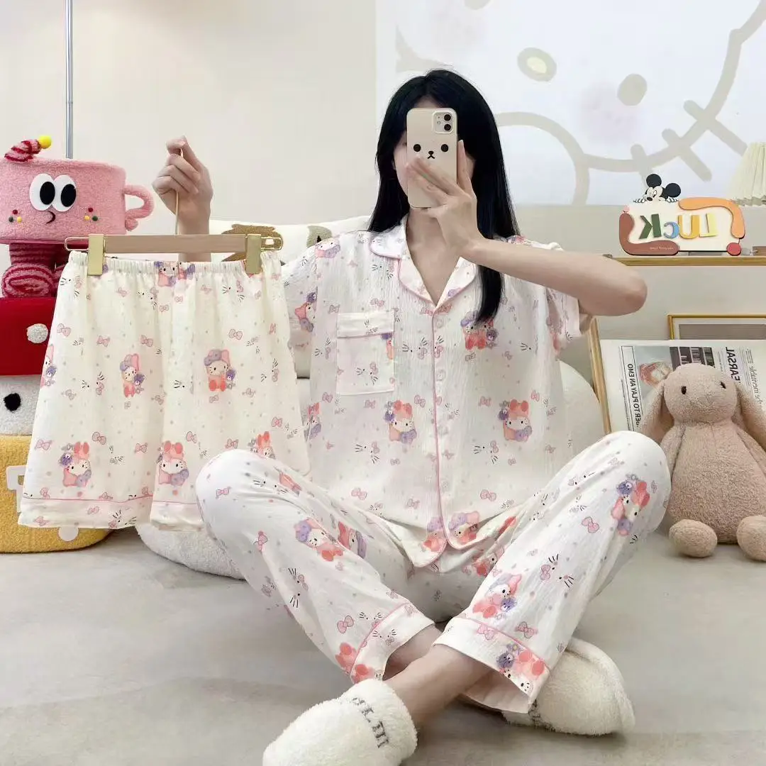 New Pleated Cloud Cotton Pajamas Girls Three-Piece Spring and Summer Printed Lapel Cute Home Clothes Set Cartoon