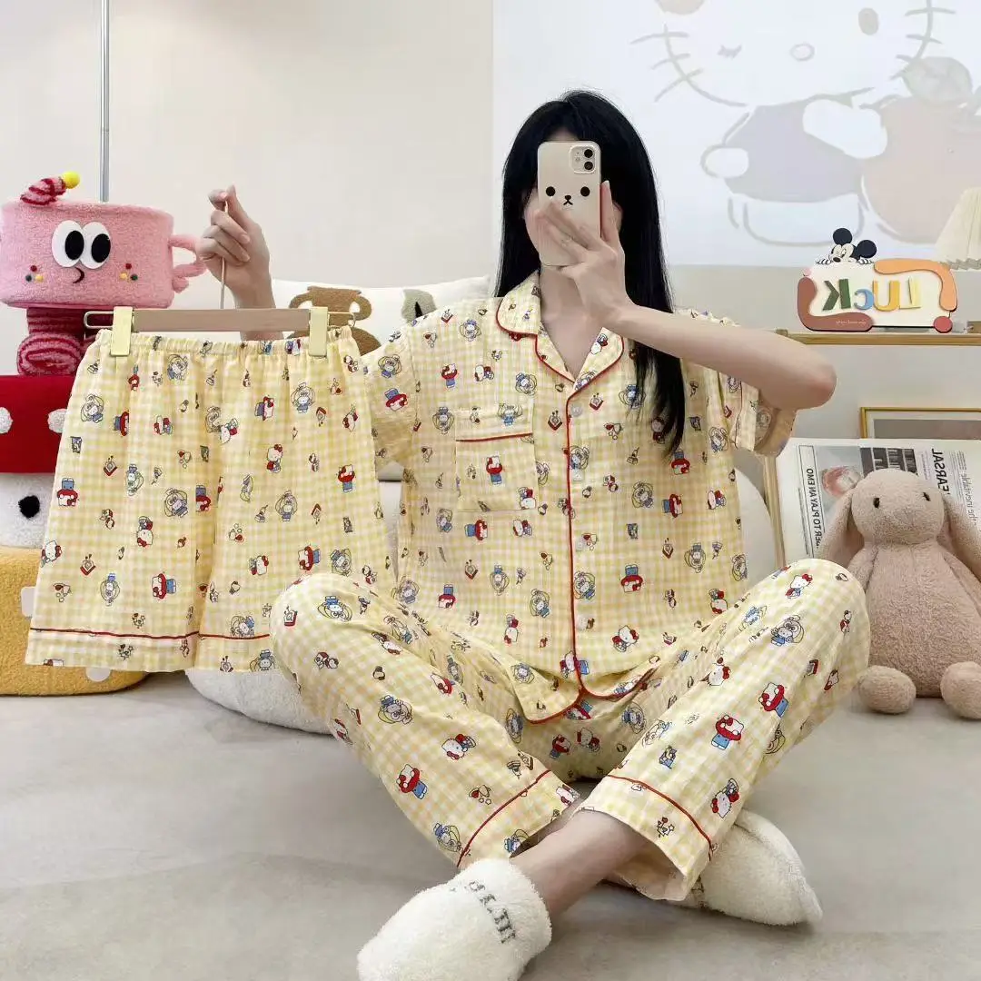 New Pleated Cloud Cotton Pajamas Girls Three-Piece Spring and Summer Printed Lapel Cute Home Clothes Set Cartoon