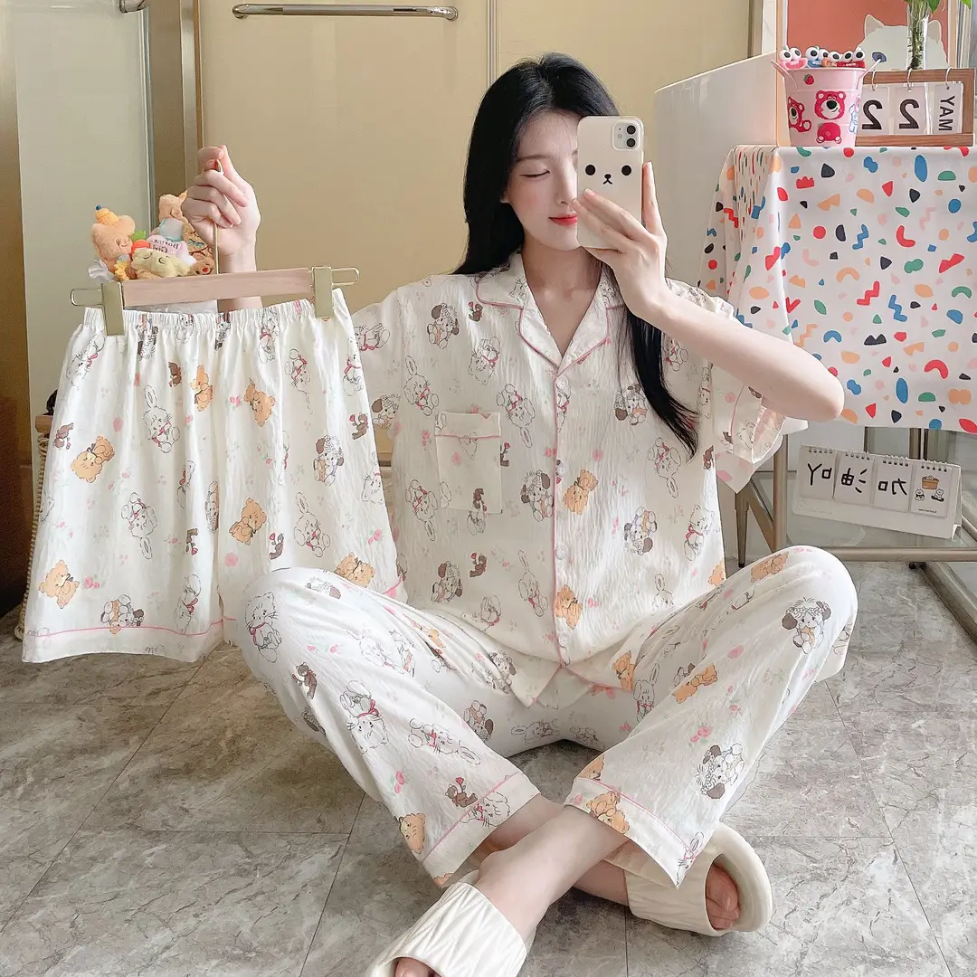 New Pleated Cloud Cotton Pajamas Girls Three-Piece Spring and Summer Printed Lapel Cute Home Clothes Set Cartoon