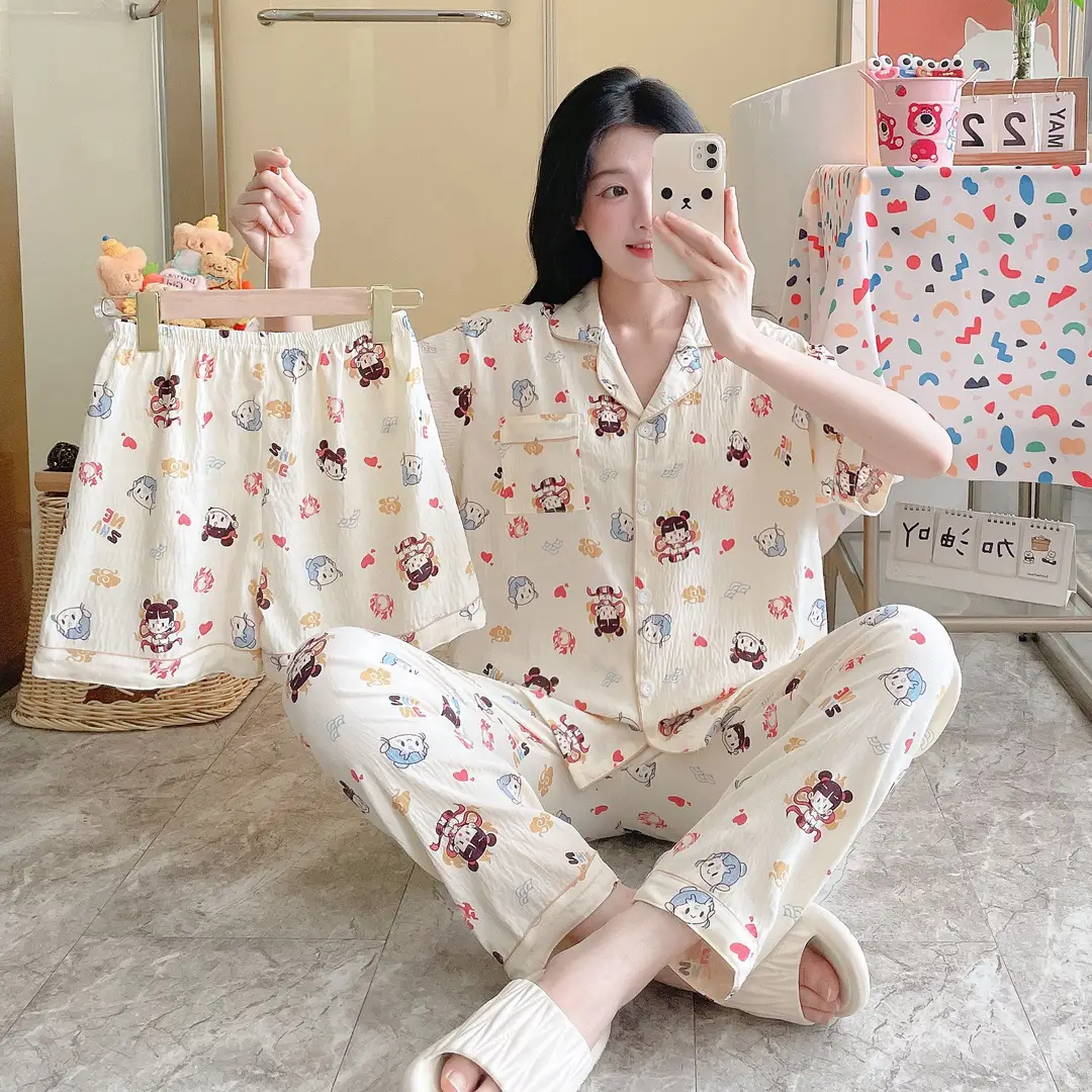 New Pleated Cloud Cotton Pajamas Girls Three-Piece Spring and Summer Printed Lapel Cute Home Clothes Set Cartoon