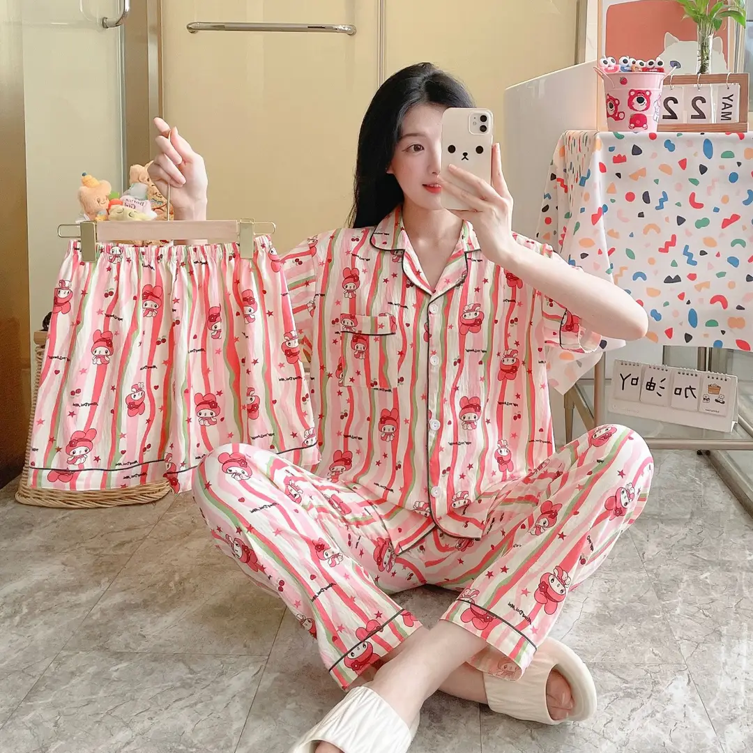 New Pleated Cloud Cotton Pajamas Girls Three-Piece Spring and Summer Printed Lapel Cute Home Clothes Set Cartoon