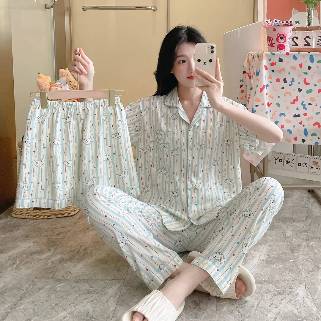 New Pleated Cloud Cotton Pajamas Girls Three-Piece Spring and Summer Printed Lapel Cute Home Clothes Set Cartoon