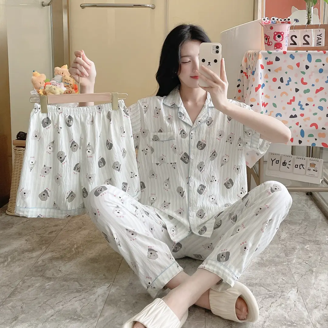 New Pleated Cloud Cotton Pajamas Girls Three-Piece Spring and Summer Printed Lapel Cute Home Clothes Set Cartoon