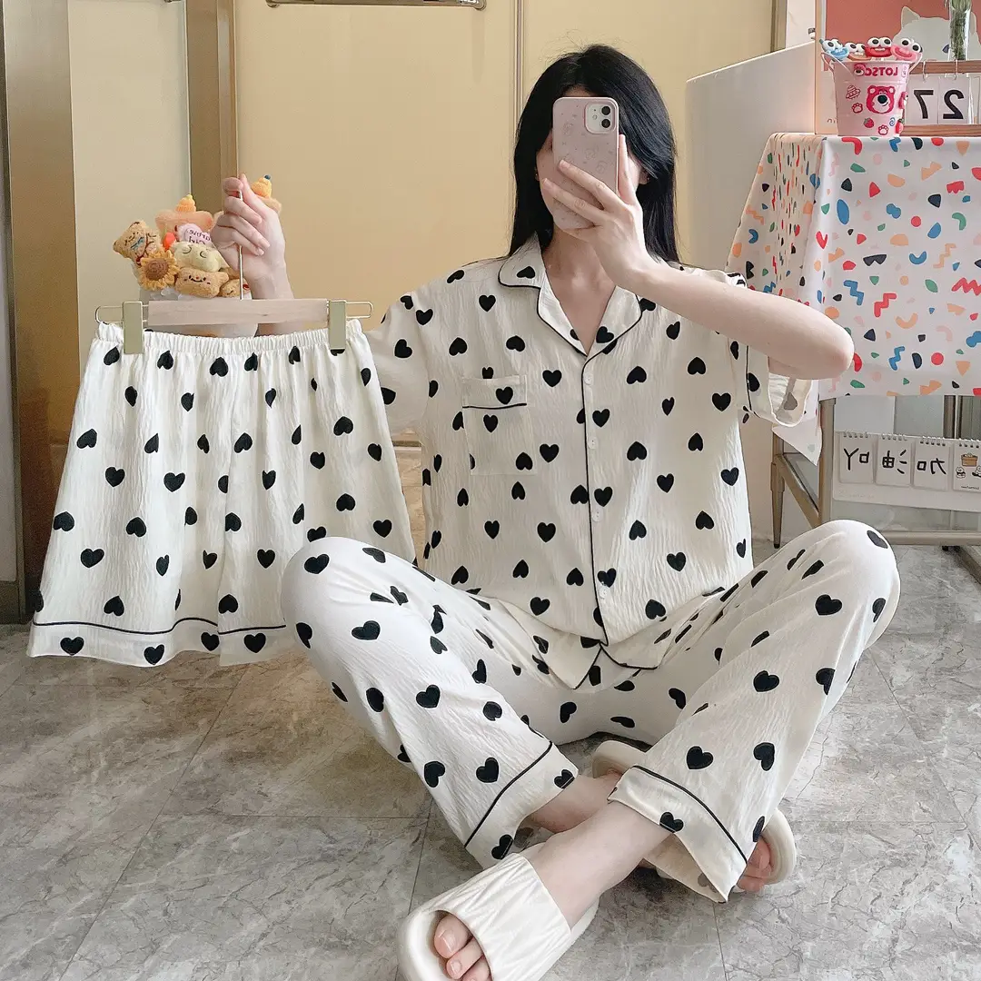 New Pleated Cloud Cotton Pajamas Girls Three-Piece Spring and Summer Printed Lapel Cute Home Clothes Set Cartoon