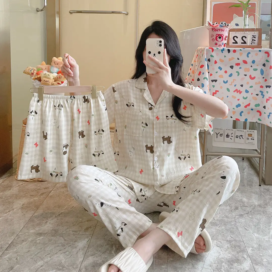 New Pleated Cloud Cotton Pajamas Girls Three-Piece Spring and Summer Printed Lapel Cute Home Clothes Set Cartoon
