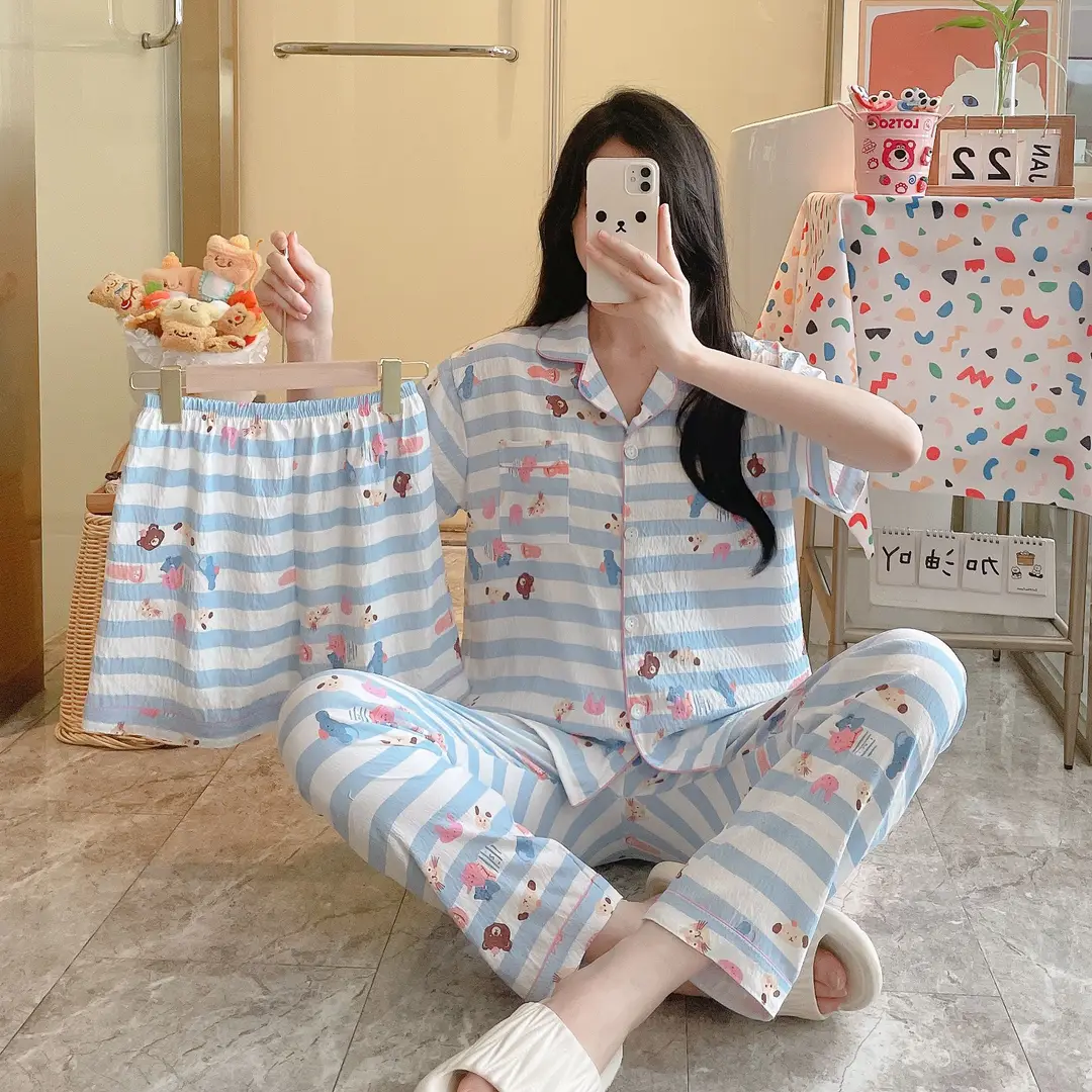 New Pleated Cloud Cotton Pajamas Girls Three-Piece Spring and Summer Printed Lapel Cute Home Clothes Set Cartoon