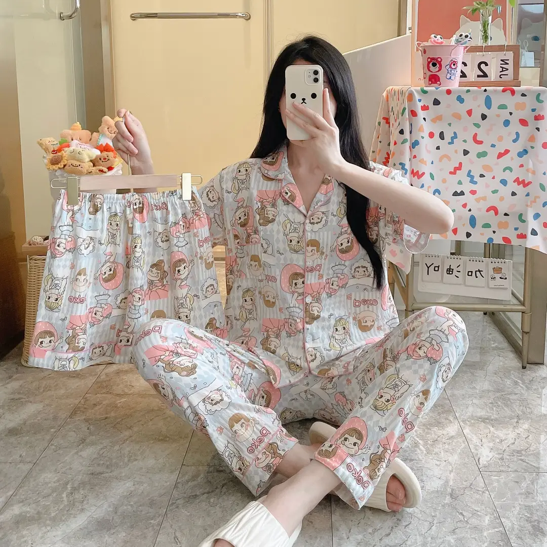 New Pleated Cloud Cotton Pajamas Girls Three-Piece Spring and Summer Printed Lapel Cute Home Clothes Set Cartoon